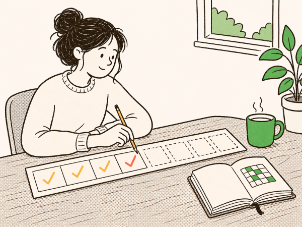 A solver at their desk with a coffee, finishing the day's puzzle and checking off another day on the streak calendar.